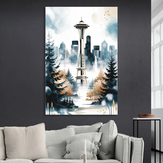 Seattle Space Needle in Fog Living Room - Canvas Wall Art