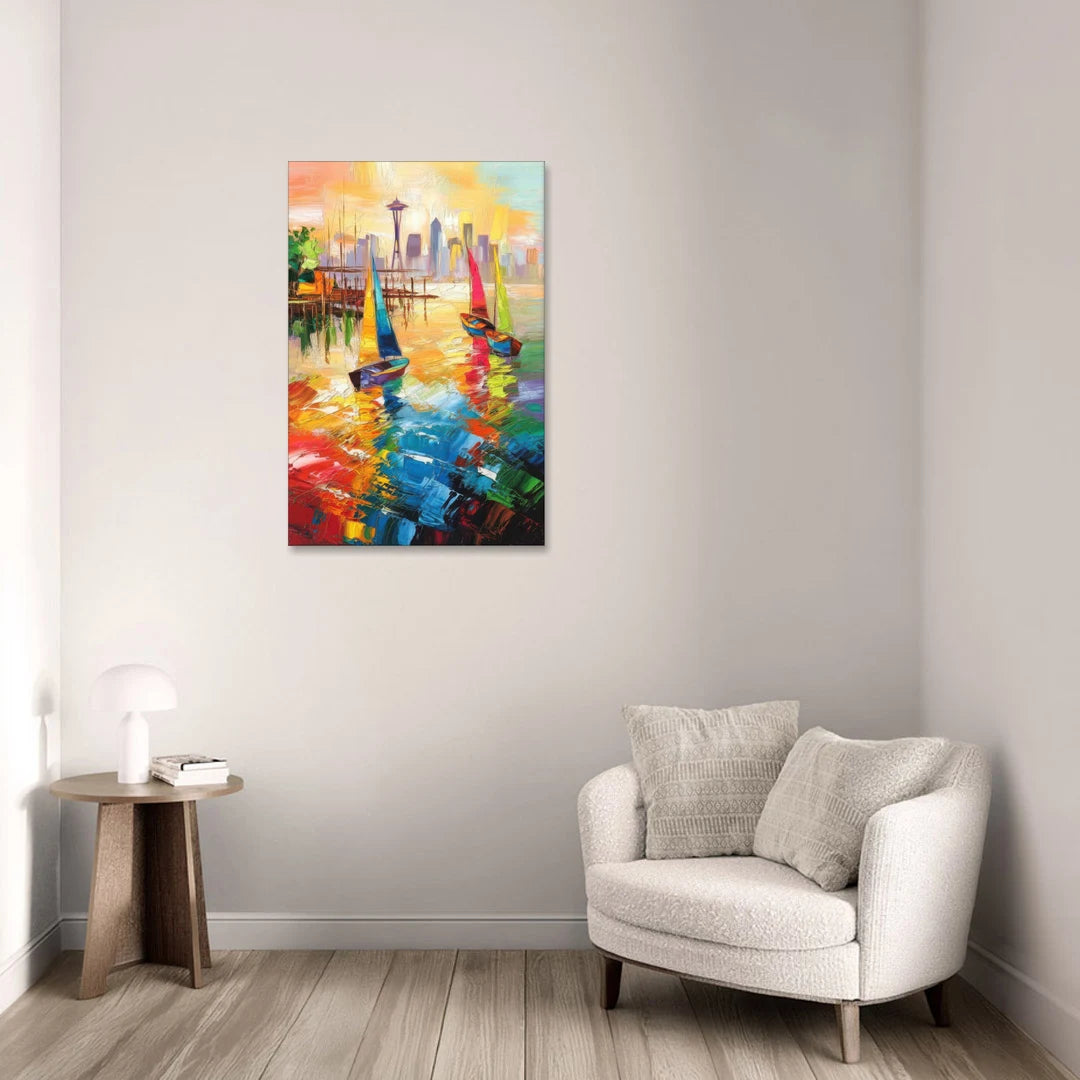 Seattle Waterfront Boats - Canvas Wall Art - Sofa - 24x36