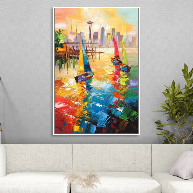 Seattle Waterfront Boats Sitting Room - White Canvas Wall Art