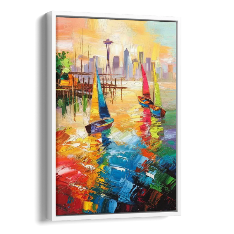 Seattle Waterfront Boats Side - White Canvas Wall Art