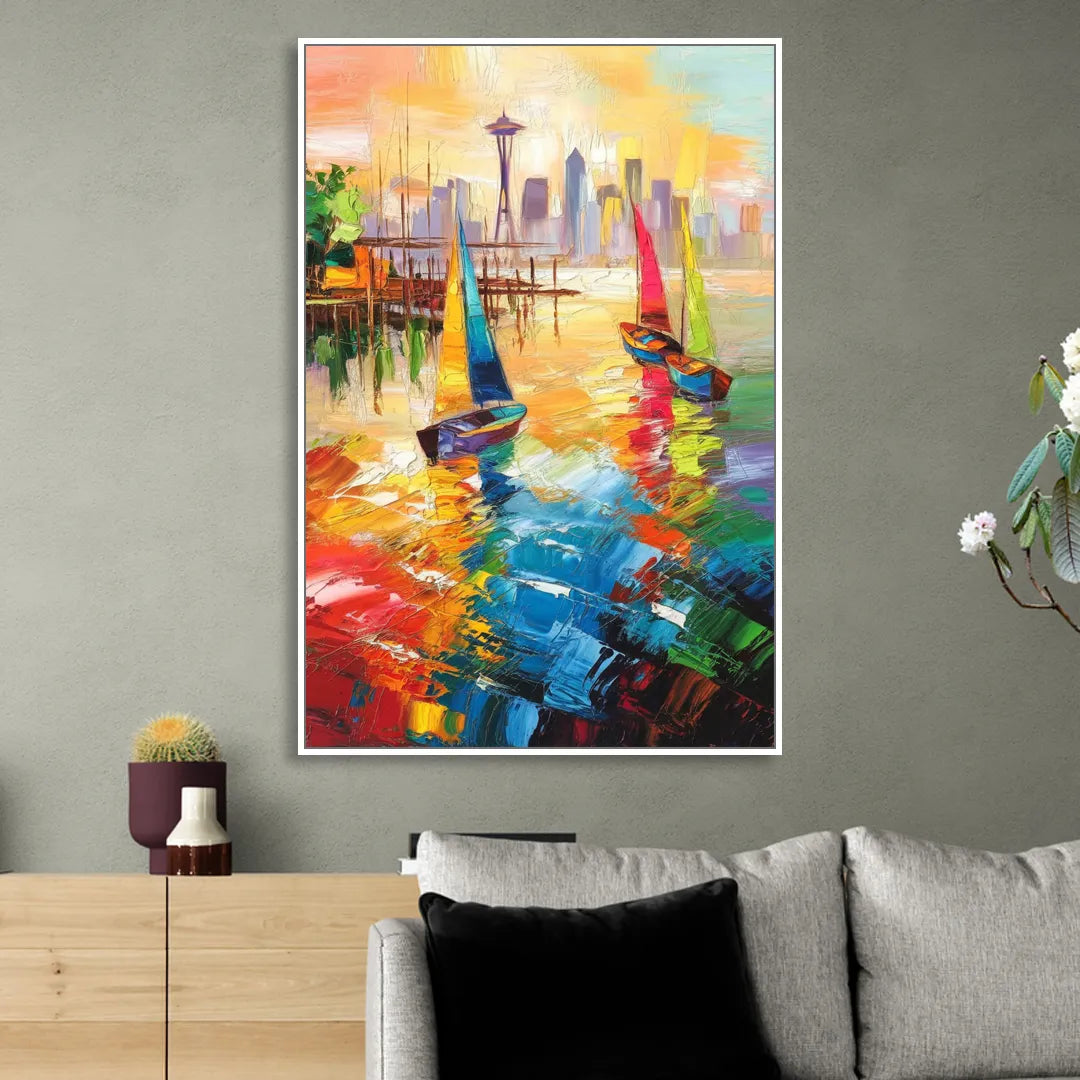 Seattle Waterfront Boats Living Room - White Canvas Wall Art