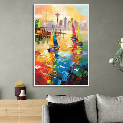 Seattle Waterfront Boats Living Room - White Canvas Wall Art