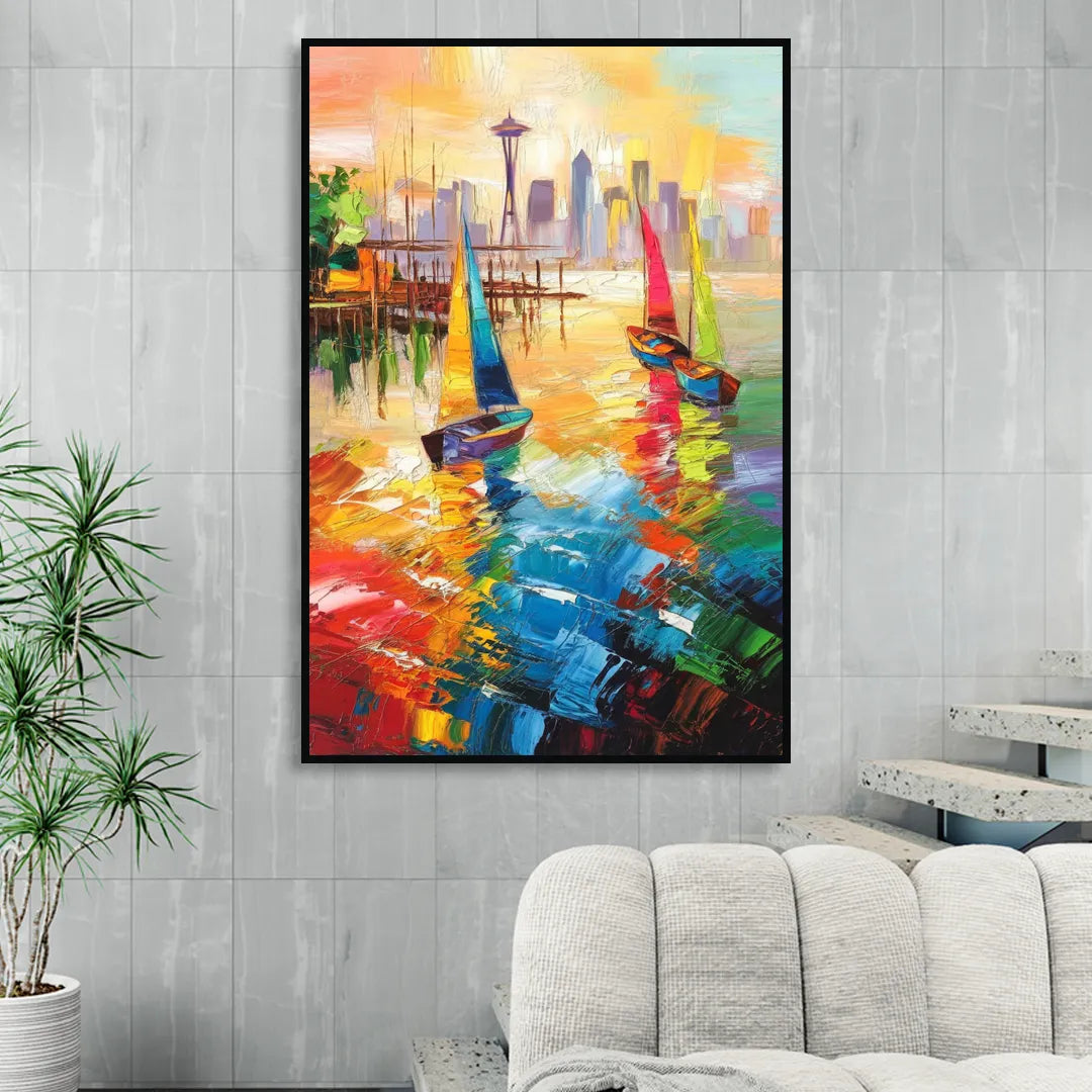 Seattle Waterfront Boats Sitting Room - Black Canvas Wall Art