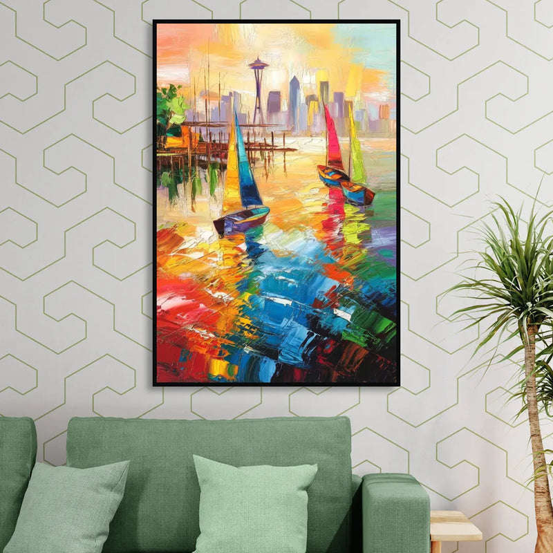 Seattle Waterfront Boats Living Room - Black Canvas Wall Art