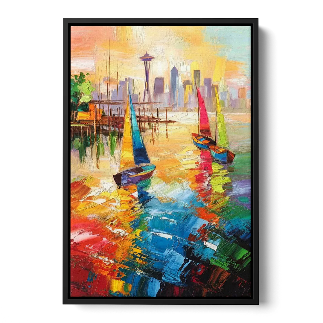 Seattle Waterfront Boats Front - Black Canvas Wall Art