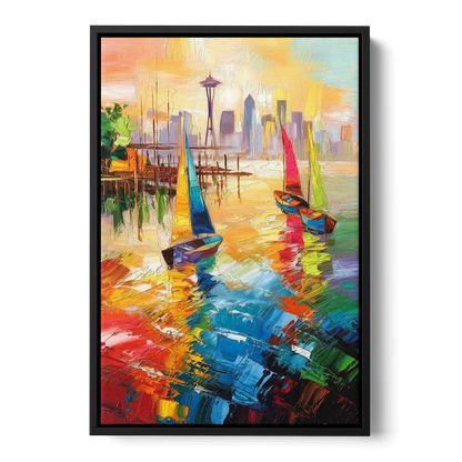 Seattle Waterfront Boats Front - Black Canvas Wall Art