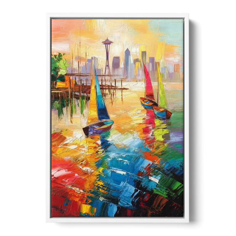 Seattle Waterfront Boats Front - White Canvas Wall Art