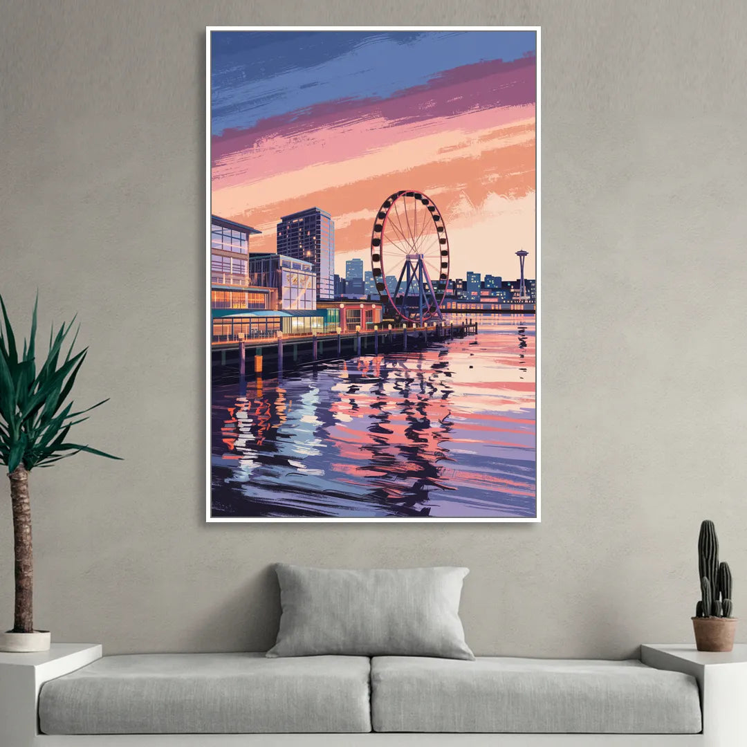 Seattle Waterfront Scene Sitting Room - White Canvas Wall Art