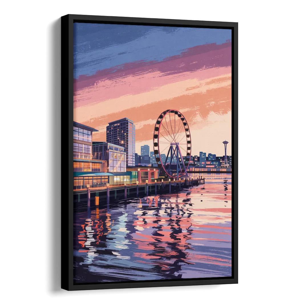 Seattle Waterfront Scene Side - Black Canvas Wall Art