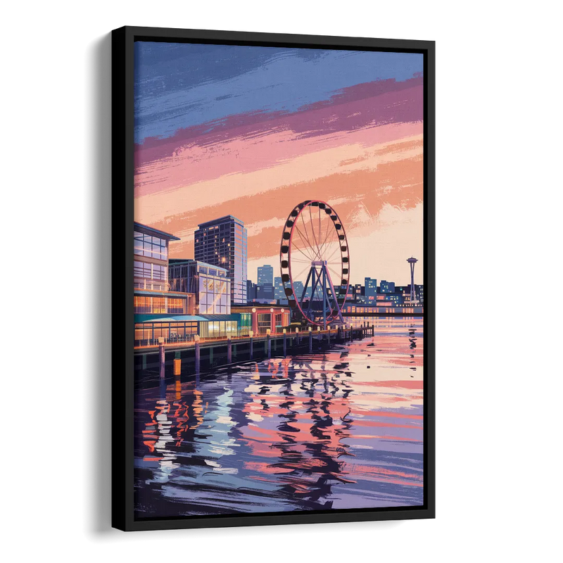 Seattle Waterfront Scene Side - Black Canvas Wall Art