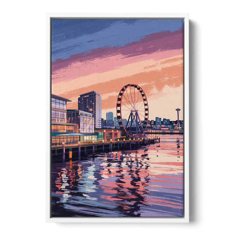 Seattle Waterfront Scene Front - White Canvas Wall Art