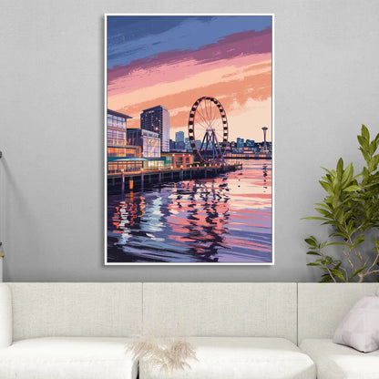 Seattle Waterfront Scene Living Room - White Canvas Wall Art