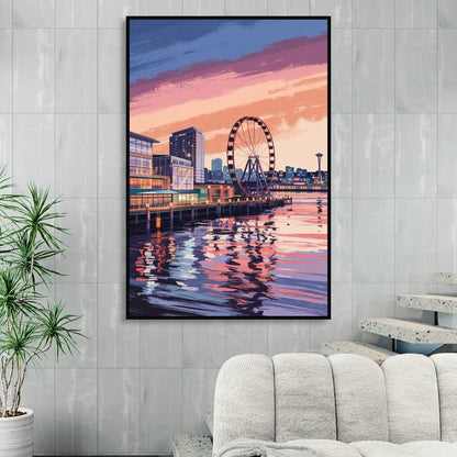 Seattle Waterfront Scene Living Room - Black Canvas Wall Art