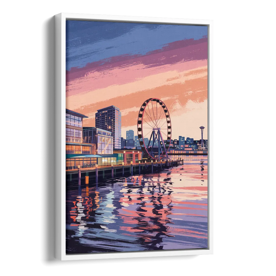 Seattle Waterfront Scene Side - White Canvas Wall Art