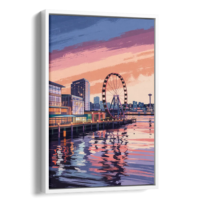 Seattle Waterfront Scene Side - White Canvas Wall Art