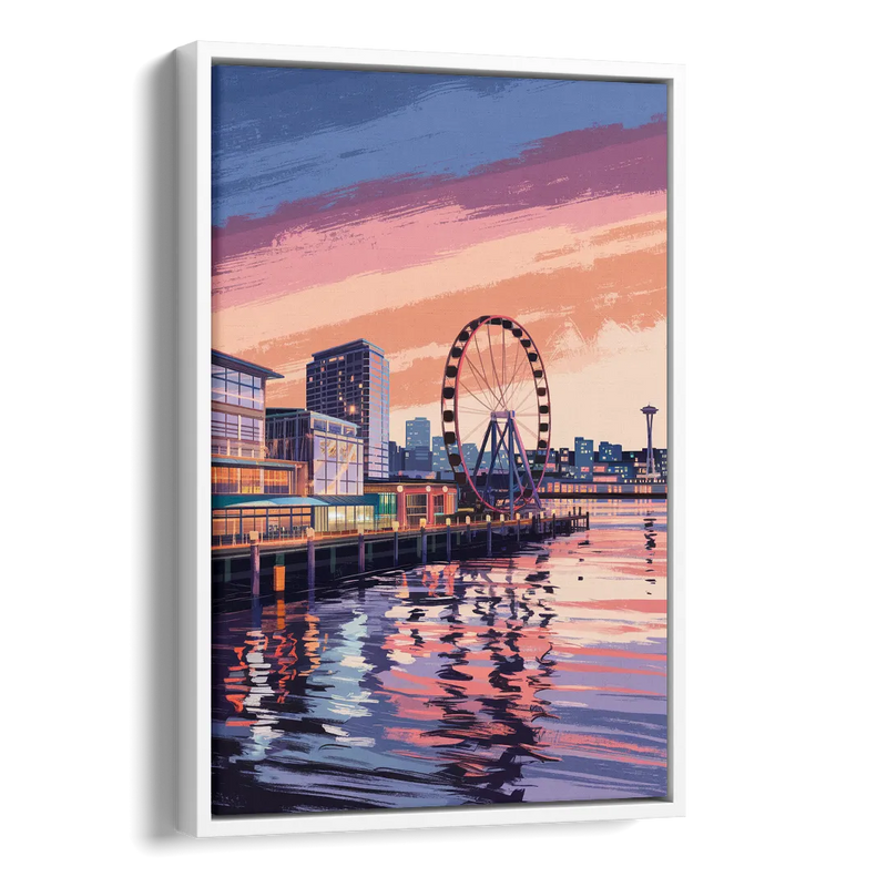 Seattle Waterfront Scene Side - White Canvas Wall Art
