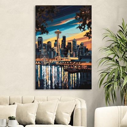 Seattle Waterfront at Twilight Living Room - Canvas Wall Art