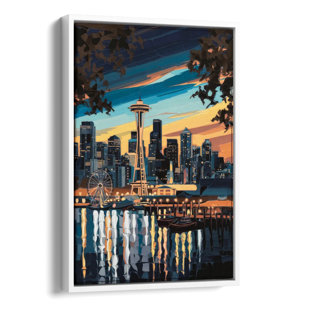 Seattle Waterfront at Twilight Side - White Canvas Wall Art