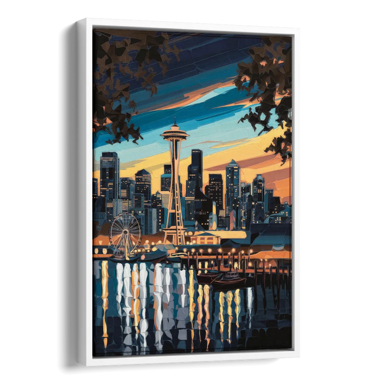 Seattle Waterfront at Twilight Side - White Canvas Wall Art