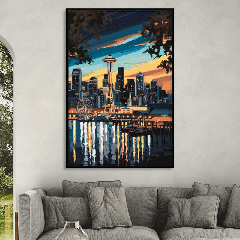 Seattle Waterfront at Twilight Living Room - Black Canvas Wall Art