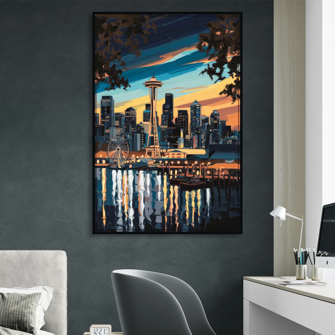 Seattle Waterfront at Twilight Sitting Room - Black Canvas Wall Art