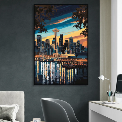 Seattle Waterfront at Twilight Sitting Room - Black Canvas Wall Art