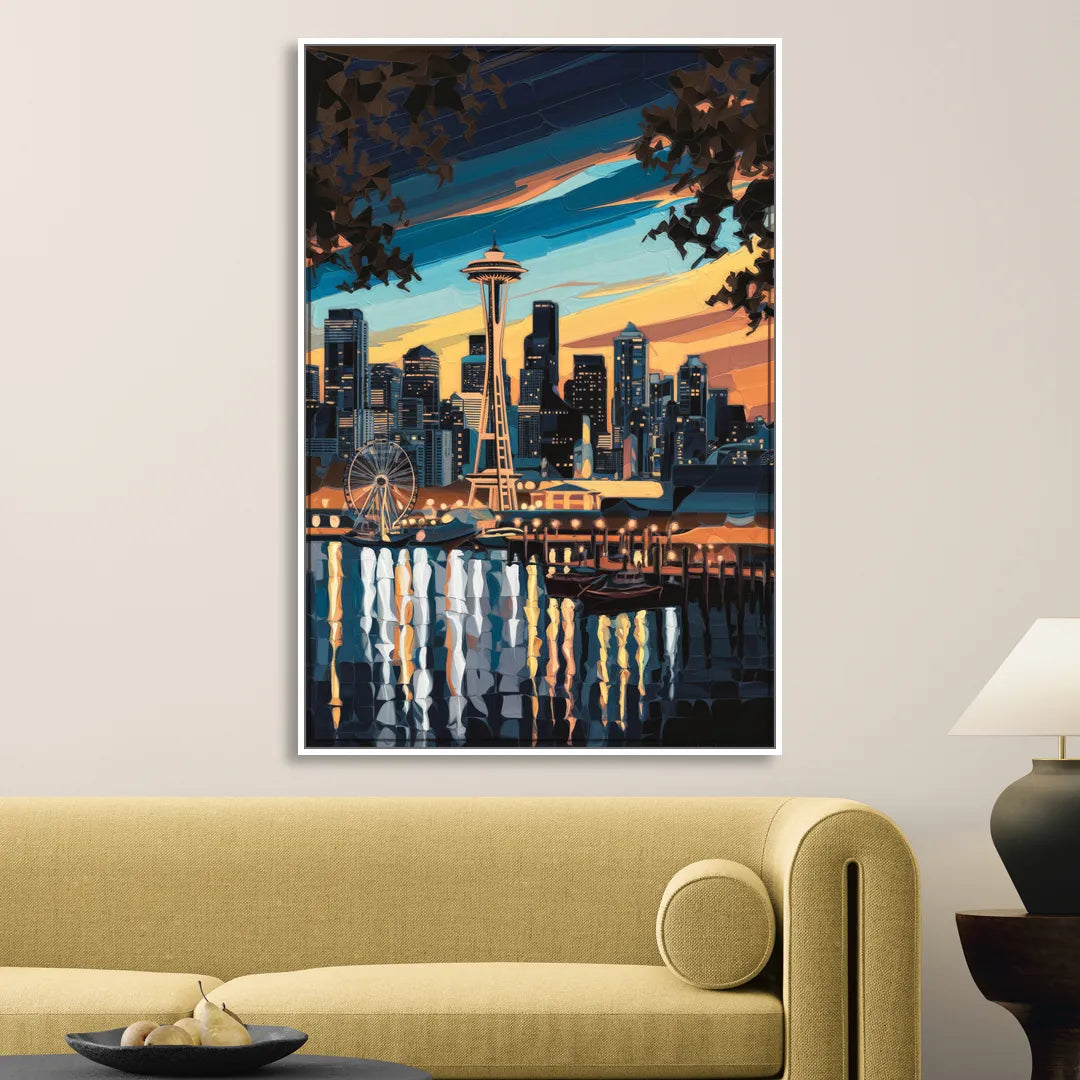 Seattle Waterfront at Twilight Living Room - White Canvas Wall Art