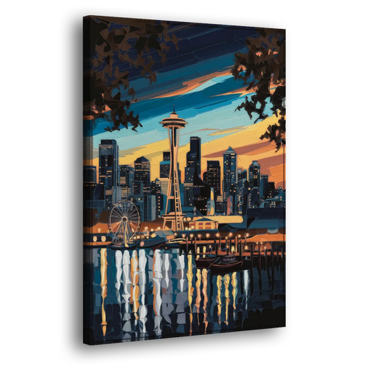 Seattle Waterfront at Twilight Side - Canvas Wall Art