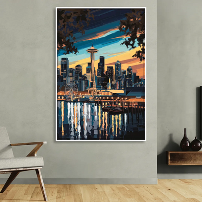 Seattle Waterfront at Twilight Sitting Room - White Canvas Wall Art