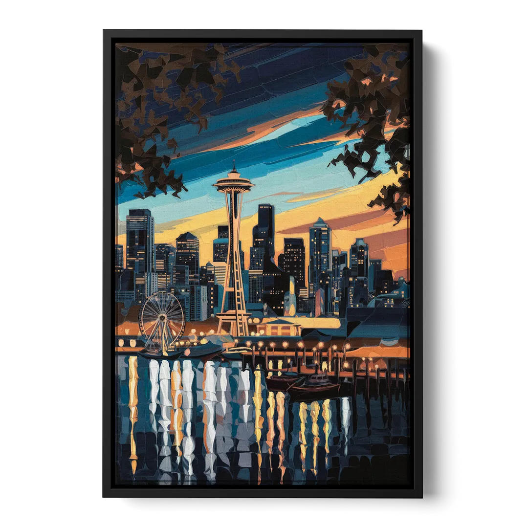 Seattle Waterfront at Twilight Front - Black Canvas Wall Art