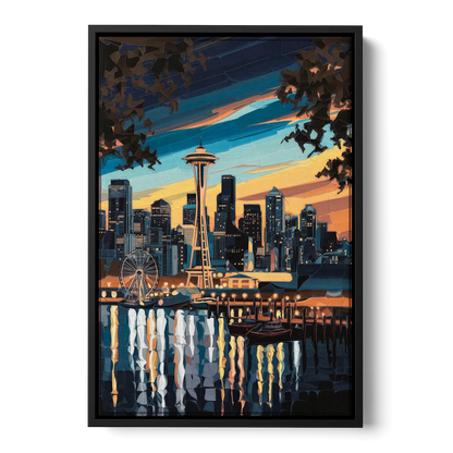 Seattle Waterfront at Twilight Front - Black Canvas Wall Art