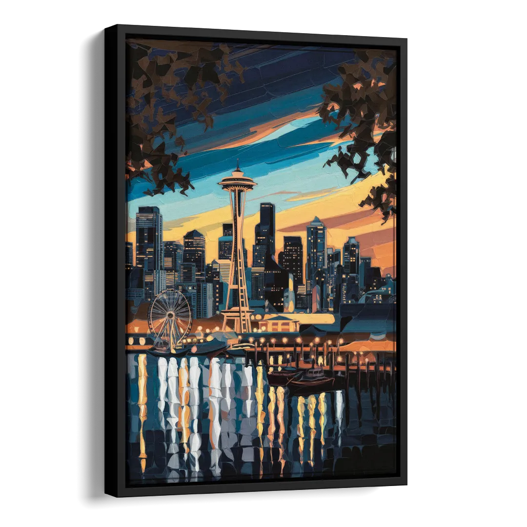 Seattle Waterfront at Twilight Side - Black Canvas Wall Art