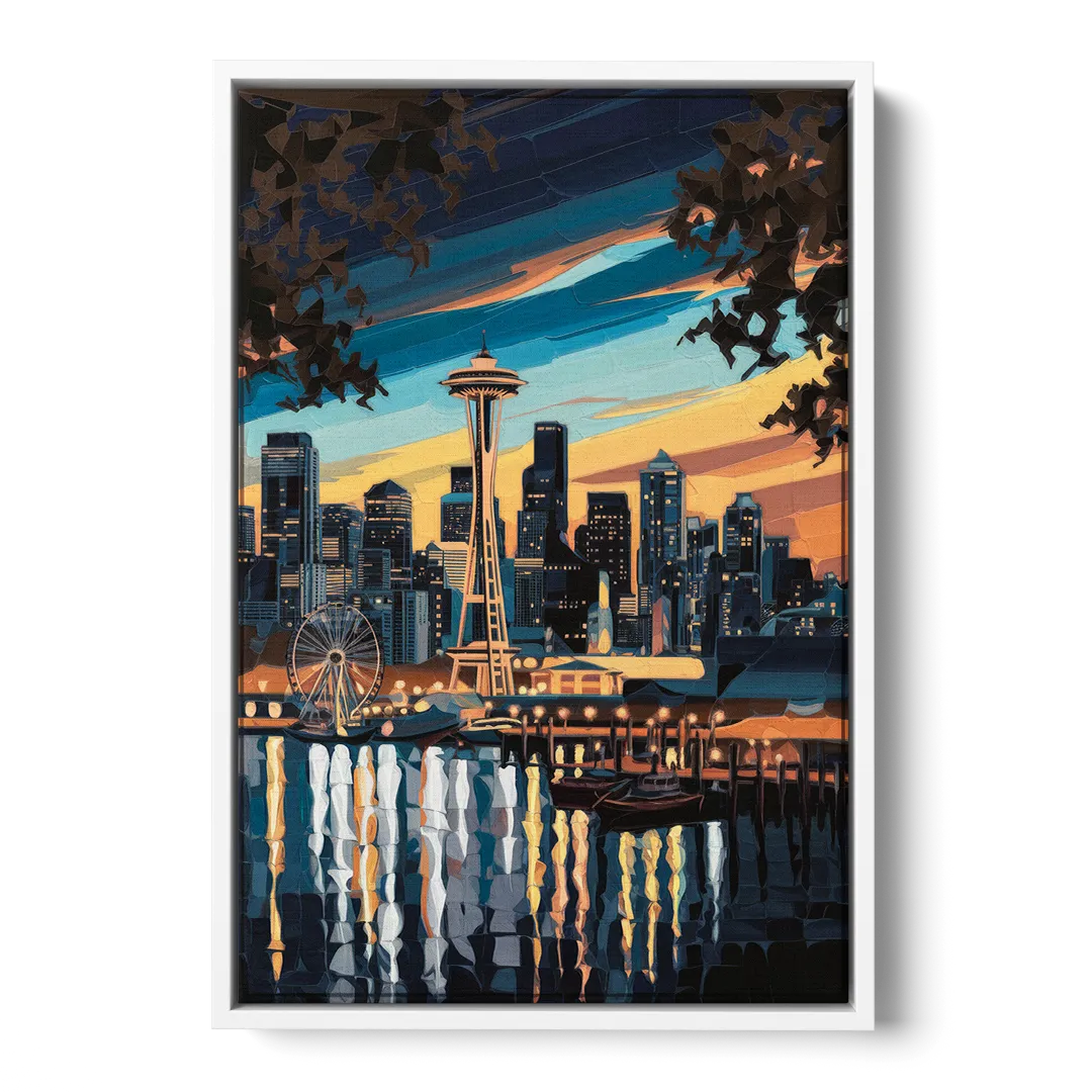 Seattle Waterfront at Twilight Front - White Canvas Wall Art
