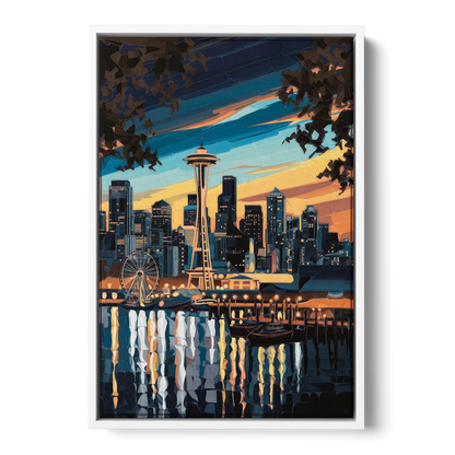 Seattle Waterfront at Twilight Front - White Canvas Wall Art