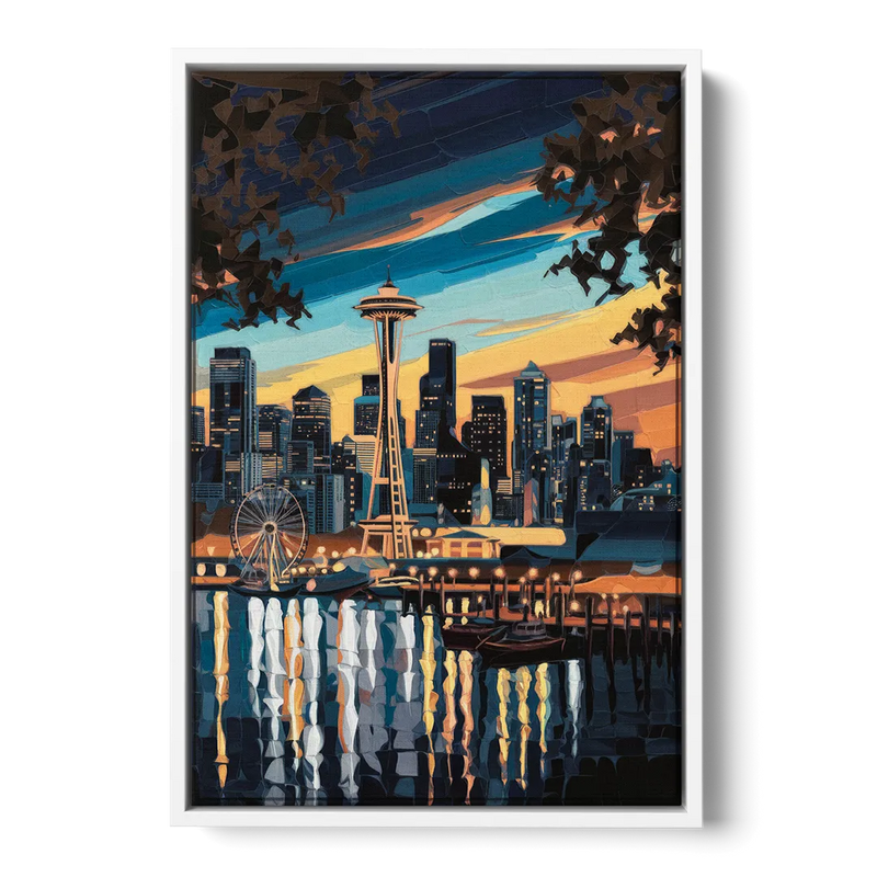 Seattle Waterfront at Twilight Front - White Canvas Wall Art