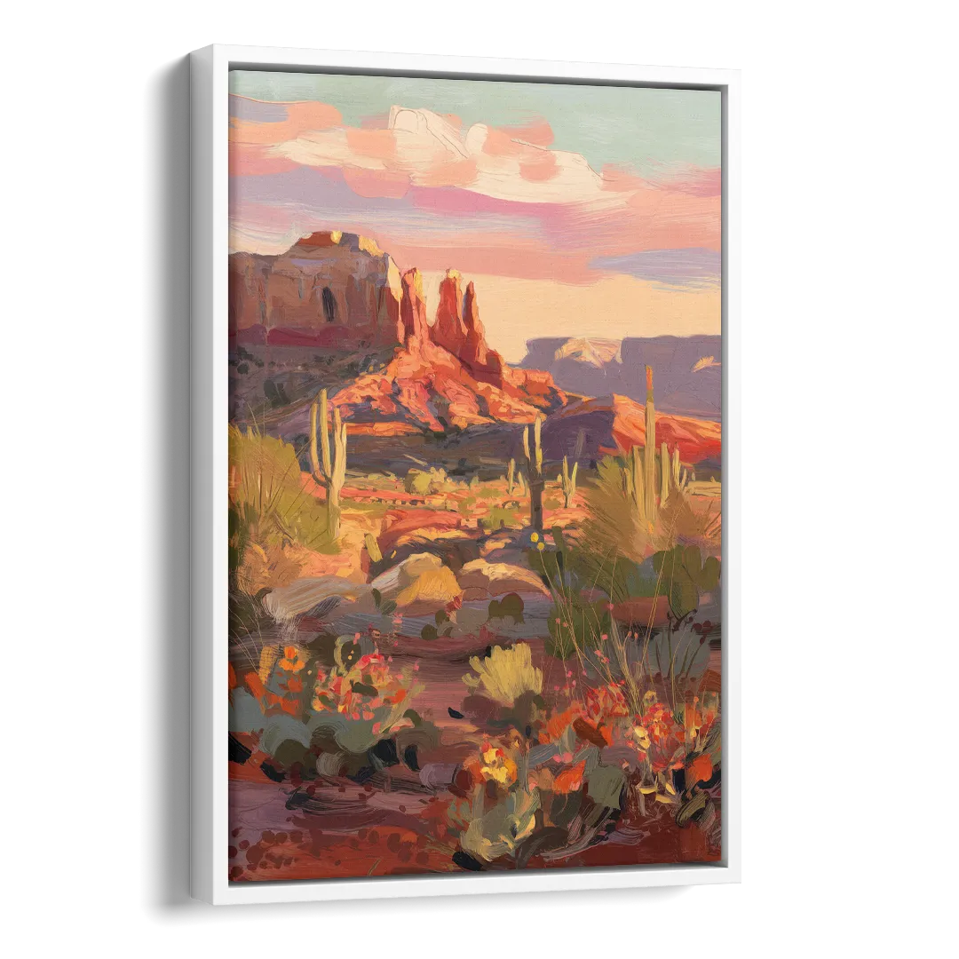 Sedona Desert Bloom Scenery Side - White Canvas Wall Art