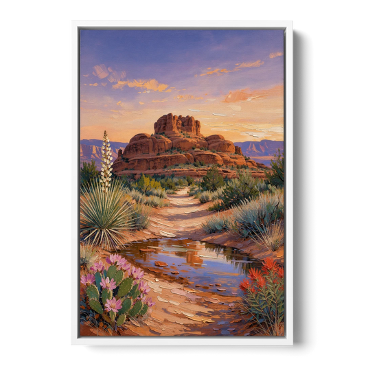 Sedona Desert Bloom Scenery - White Framed Canvas Wall Art - Front