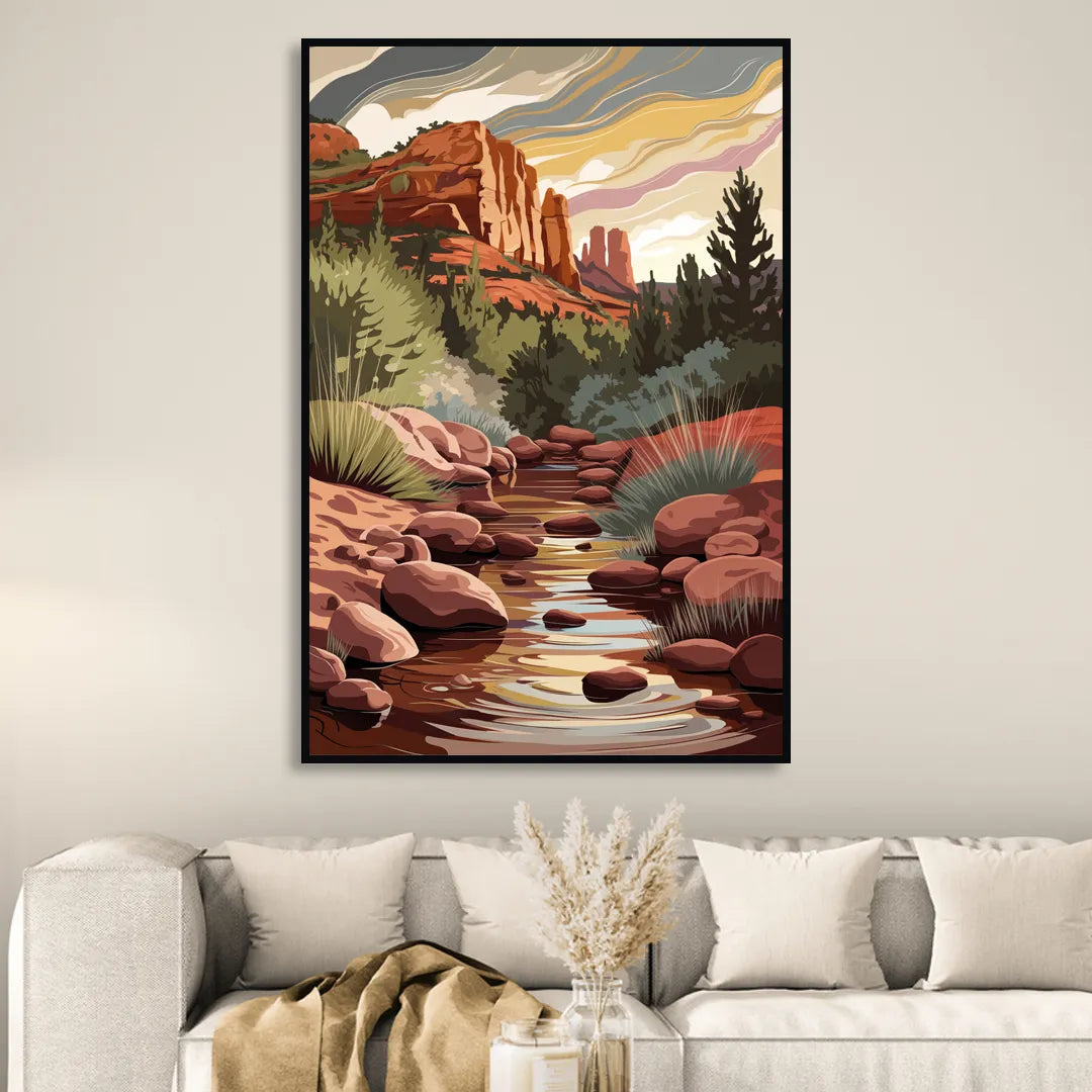 Sedona Oak Creek Reflections Sitting Room - Black Canvas Wall Art