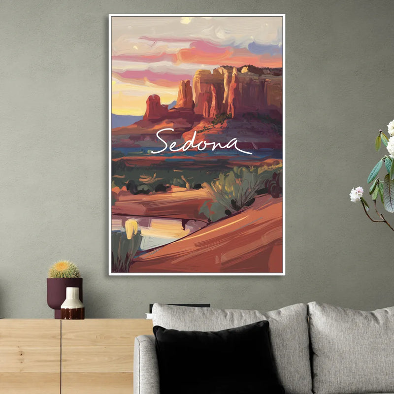 Sedona Red Rock Sunset Sitting Room - White Canvas Wall Art