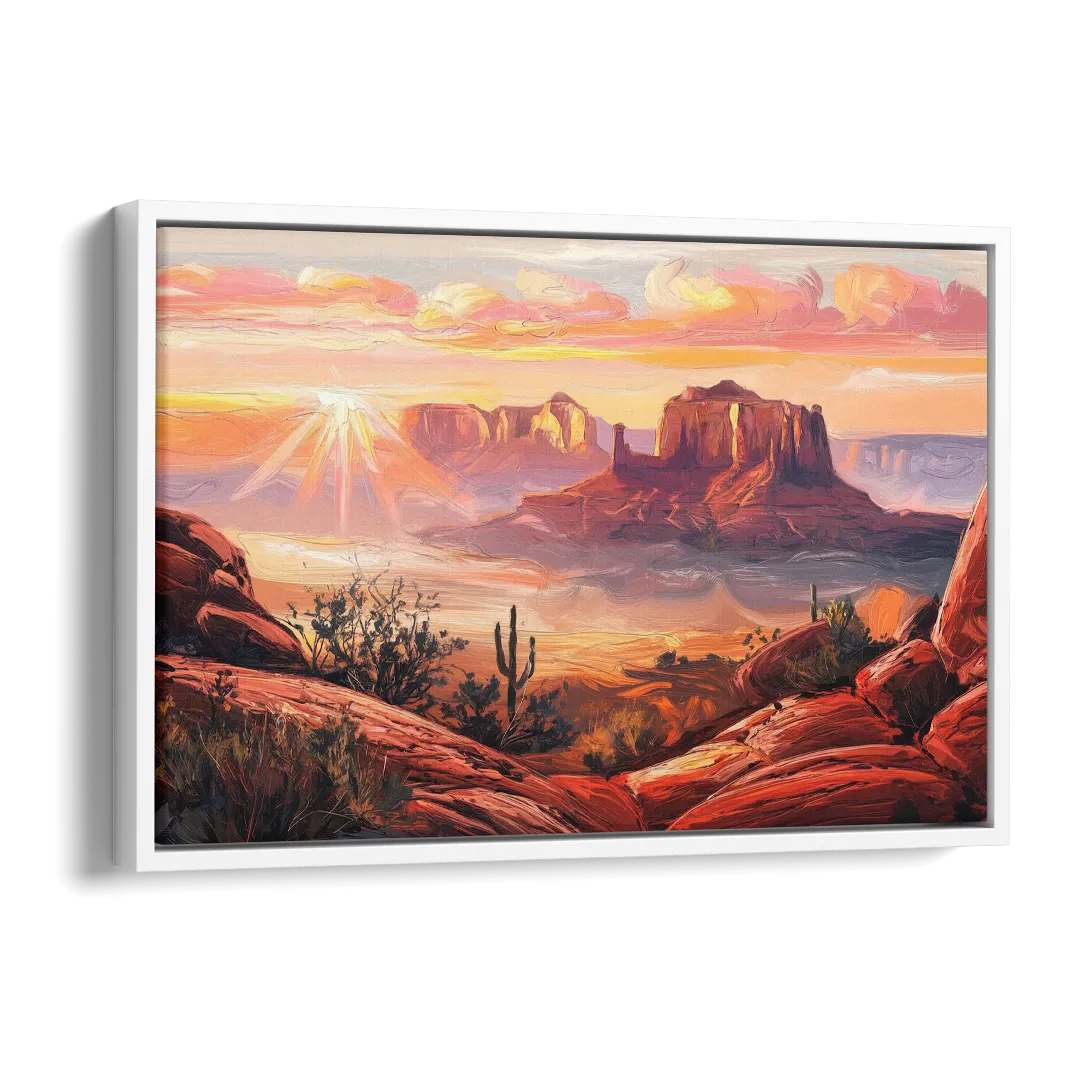 Sedona Sunrise Over Mesa Side - White Canvas Wall Art