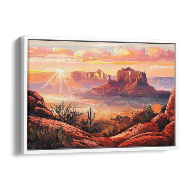 Sedona Sunrise Over Mesa Side - White Canvas Wall Art
