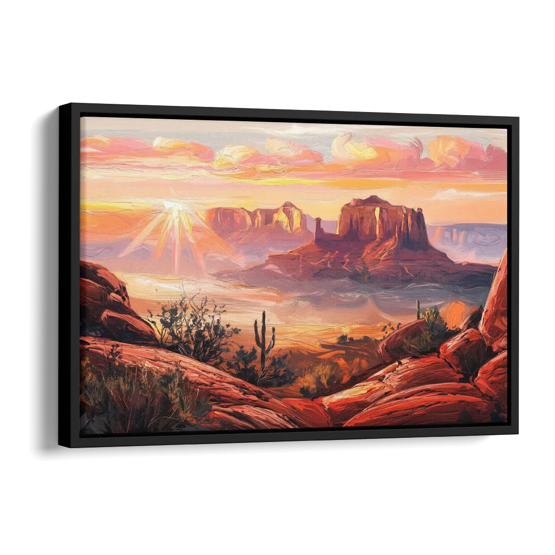 Sedona Sunrise Over Mesa Side - Black Canvas Wall Art