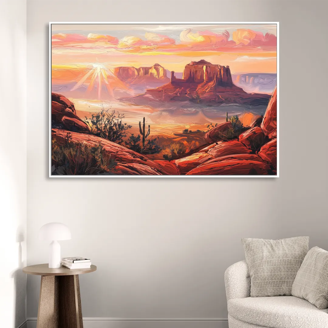Sedona Sunrise Over Mesa Living Room - White Canvas Wall Art