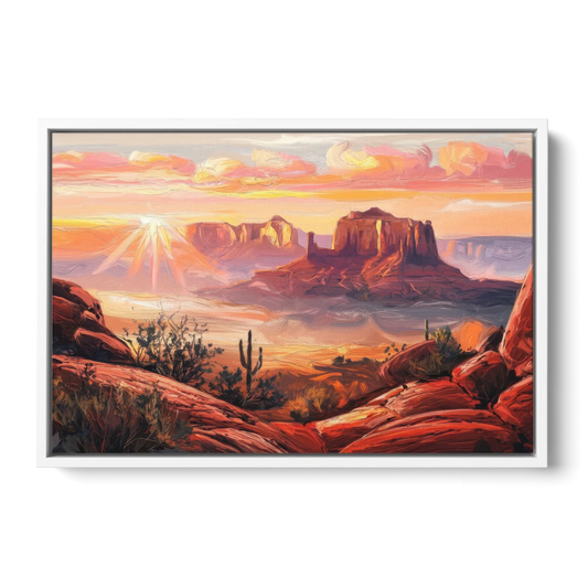 Sedona Sunrise Over Mesa - White Framed Canvas Wall Art - Front