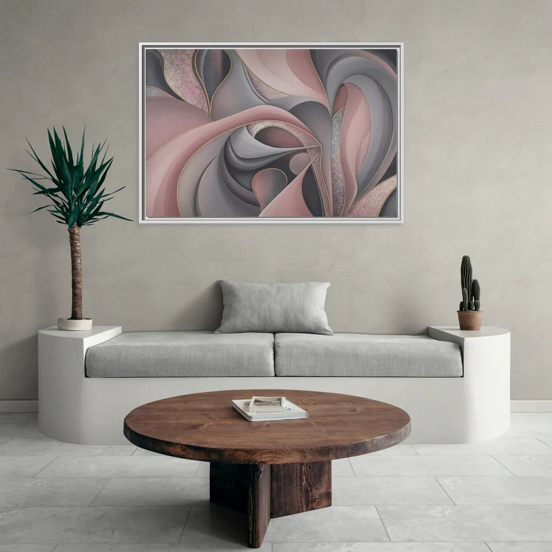 Serenade of Elegance Pink and Grey Abstract - Living Room White Frame Canvas