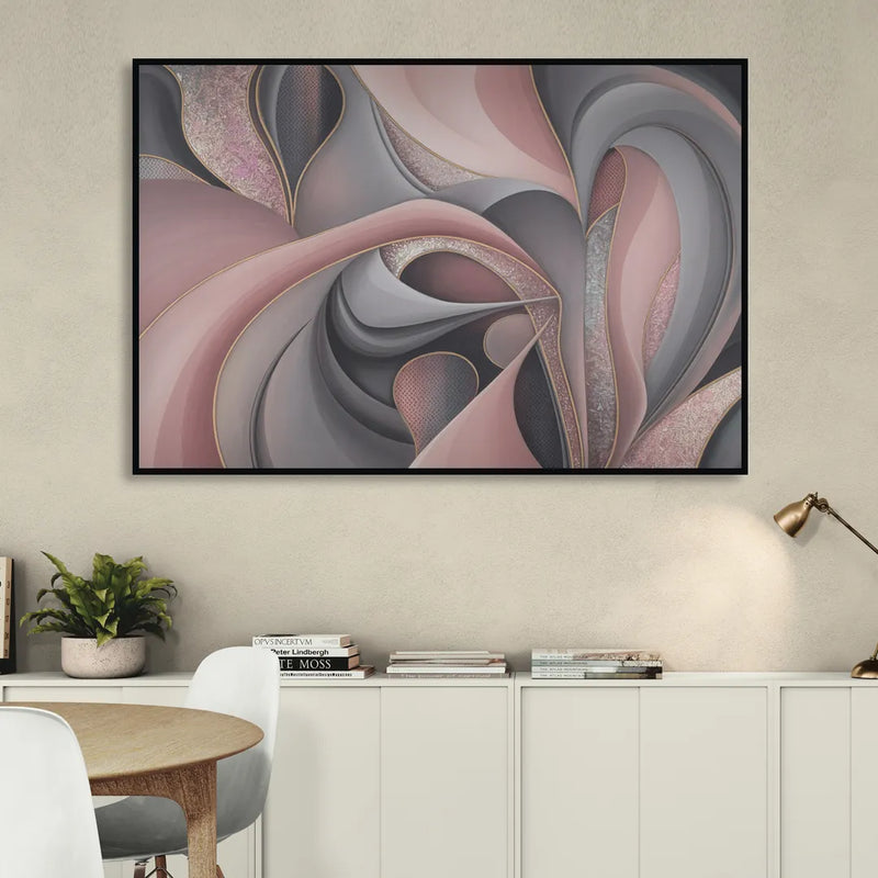 Serenade of Elegance Pink and Grey Abstract Sitting Room - Black Canvas Wall Art
