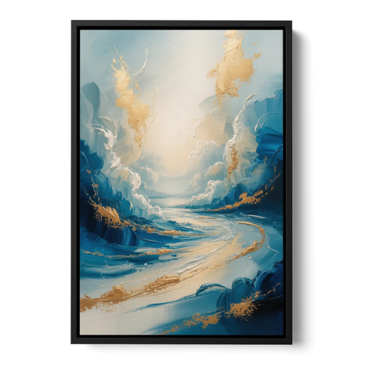 Serene Azure Elegance Blue and Gold Abstract - Black Framed Canvas Wall Art - Front