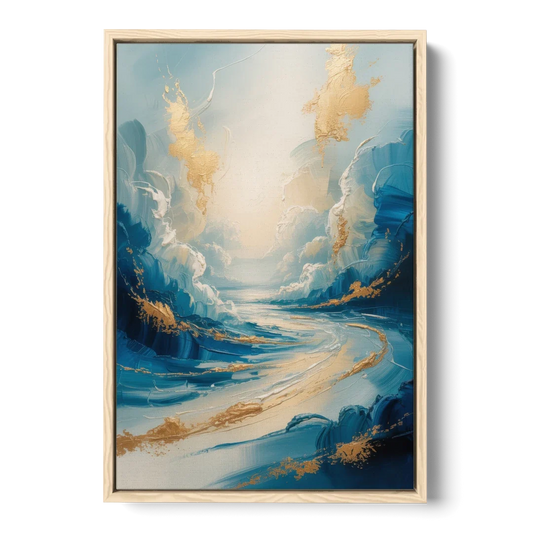Serene Azure Elegance Blue and Gold Abstract - Oak Framed Canvas Wall Art - Front