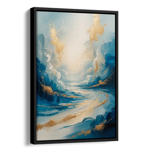 Serene Azure Elegance Blue and Gold Abstract Side - Black Canvas Wall Art