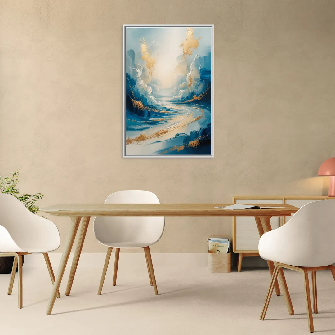 Serene Azure Elegance Blue and Gold Abstract - Living Room White Frame Canvas